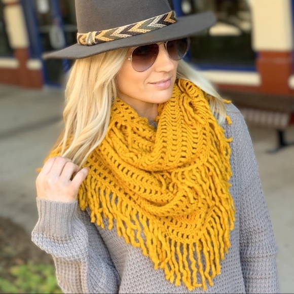 Infinity Raine Accessories - Mustard Lattice Fringe Infinity Scarf